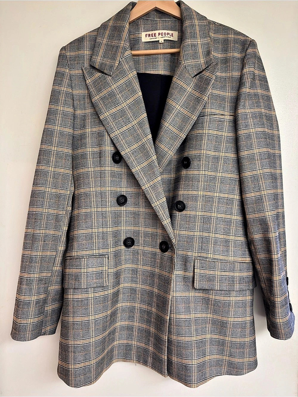 Free People Dean Double-Breasted Blazer Plaid Black, White, Gold